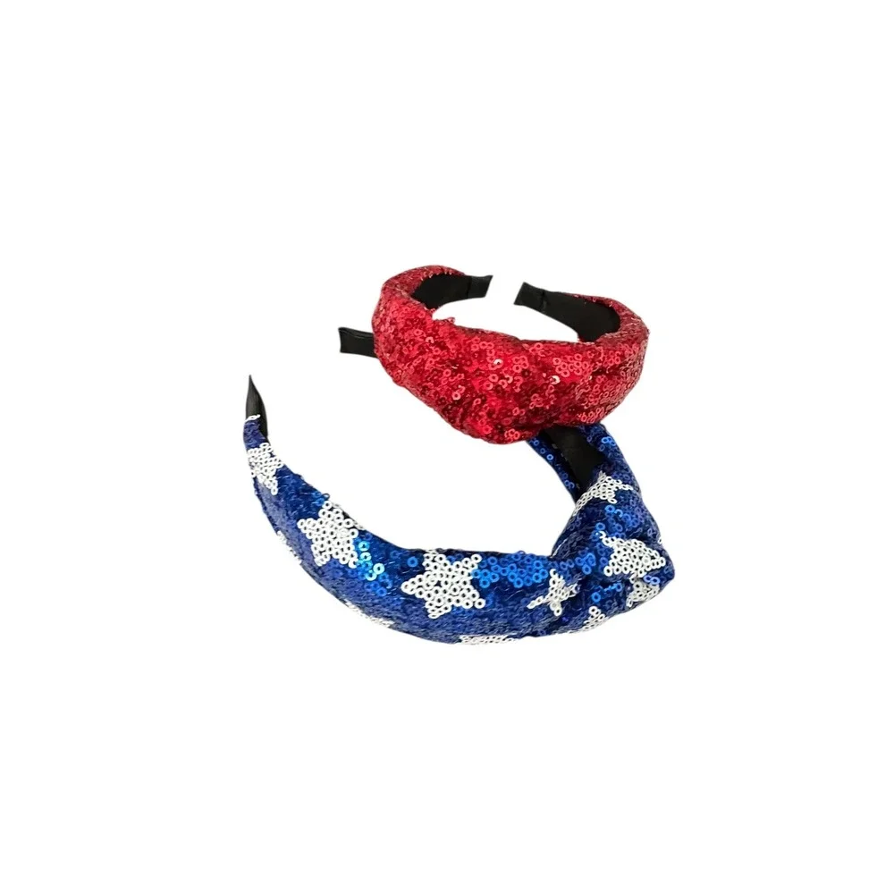 Kids Sequin Knot Headbands Red Blue Star Patriotic‎ Headwear Set
